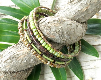 Beaded bracelet stack / lime green & brown stacking memory wire cuff / clasp free bracelet / Boho stacked bracelets / chartreuse jewelry
