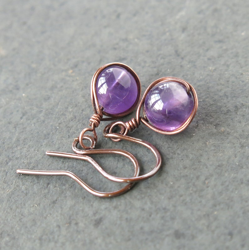 Purple Amethyst Drop Earrings in Copper Metal Bead Jewelry February Birthstone Handmade Gift for Her Wire Dangle Fishhook Earrings