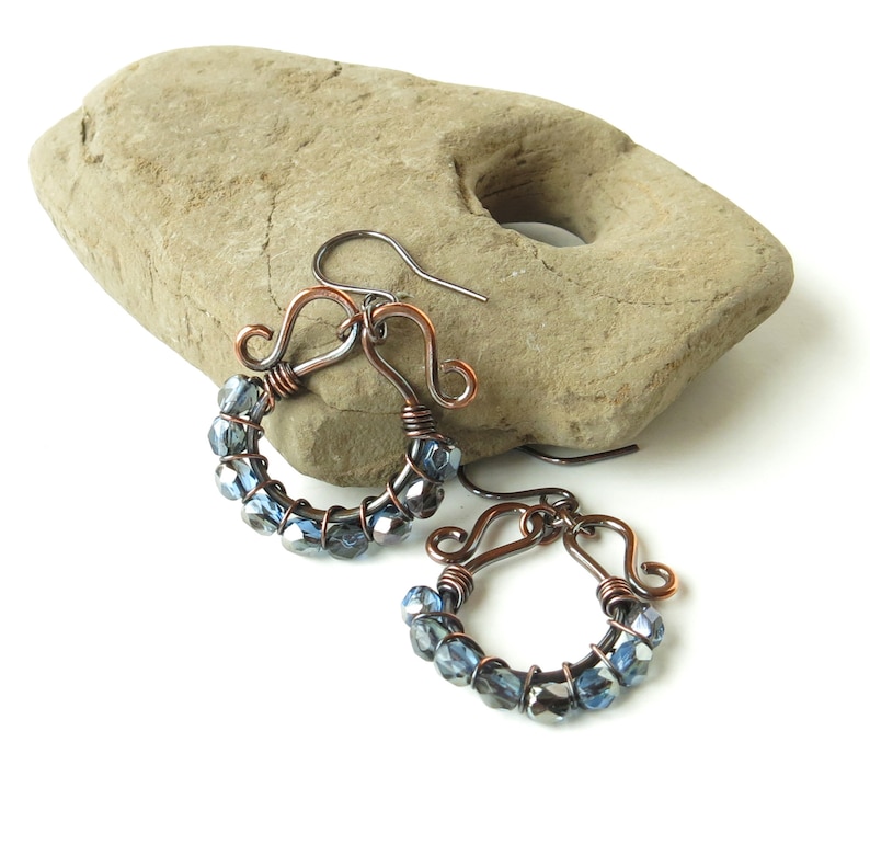 Blue beaded earrings copper wire wrapped sparkling faceted Czech glass bead hoops