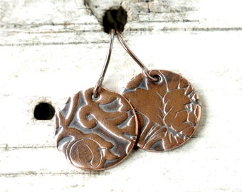 Antiqued Copper disc earrings, nature jewelry, botanical design