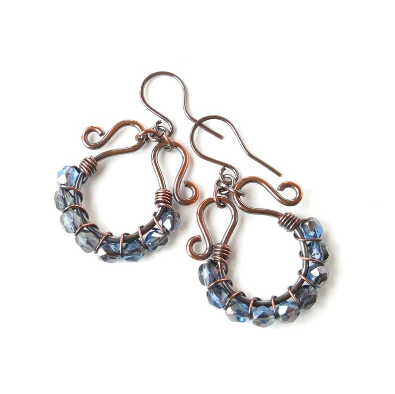 Blue beaded earrings copper wire wrapped sparkling faceted Czech glass bead hoops