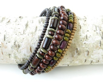 Wood bead bracelet / memory wire bracelet / stacked bracelets /  natural jewelry / wood bracelet stack  / cuff bracelet