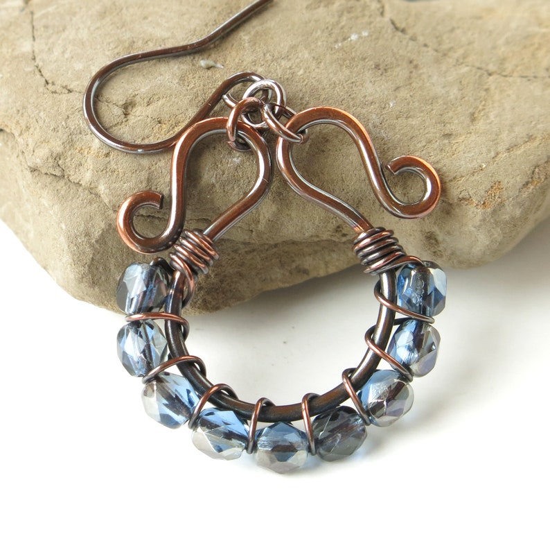 Blue beaded earrings copper wire wrapped sparkling faceted Czech glass bead hoops
