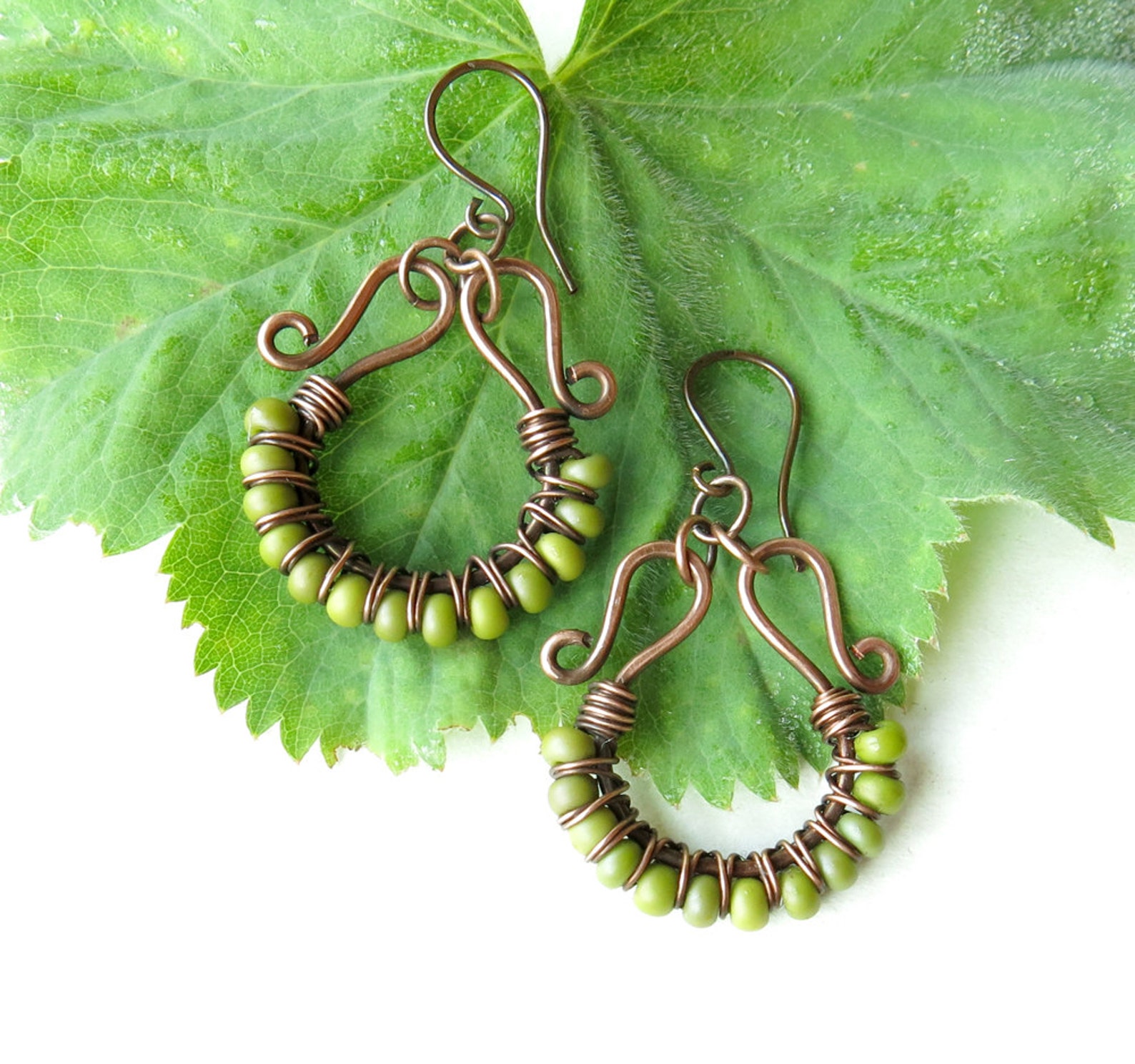Lime Green Earrings Chartreuse Beaded Copper Wire Wrapped Etsy