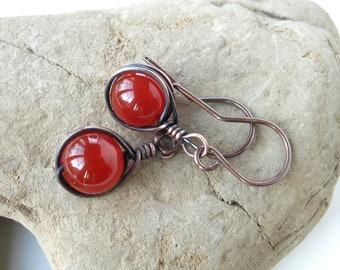 Red carnelian earrings / gemstone drop earrings / copper wire wrapped jewelry / red gemstone jewelry