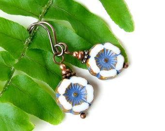 White flower earrings / gardener gift / Picasso Czech glass beads / copper earrings / floral jewelry / nature jewelry