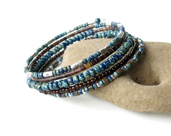 Bead bracelet stack | memory wire cuff | brown & blue stacked bracelets | coil bracelet | stacking beaded bangles | memory wire bracelet