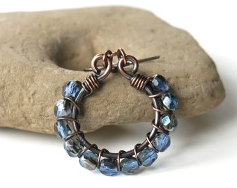 Copper Hoop Earrings: Fire Polished Blue Glass, Wire Wrapped