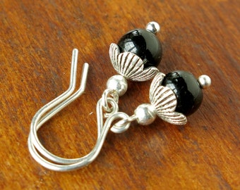 Silver & black earrings, sterling silver, onyx gemstones, drop earrings