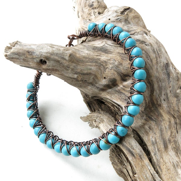 Turquoise blue bracelet / stone  bracelet / copper wire wrapped jewelry / handmade bracelet / turquoise stone bangle