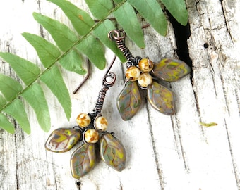 Leaves & berries earrings nature jewelry copper wire antiqued Picasso Czech glass beads