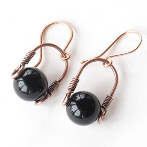 Black onyx earrings - copper wire wrapped jewelry - gemstone bead earrings - onyx jewelry