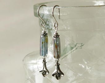 Silver Dangle Earrings: Picasso Czech Glass Flower, Floral Jewelry