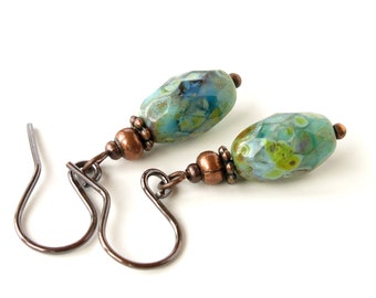 Blue glass dangle earrings / teal earrings / aqua earrings/ antiqued Picasso Czech glass / copper earrings