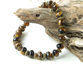 Stretch bead bracelet - tiger eye gemstones & antiqued brass bronze brown tigereye clasp free elastic stretchy
