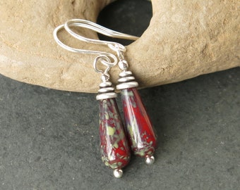 Red & silver earrings / mottled picasso Czech glass teardrop dangles / red jewelry / Valentine earrings