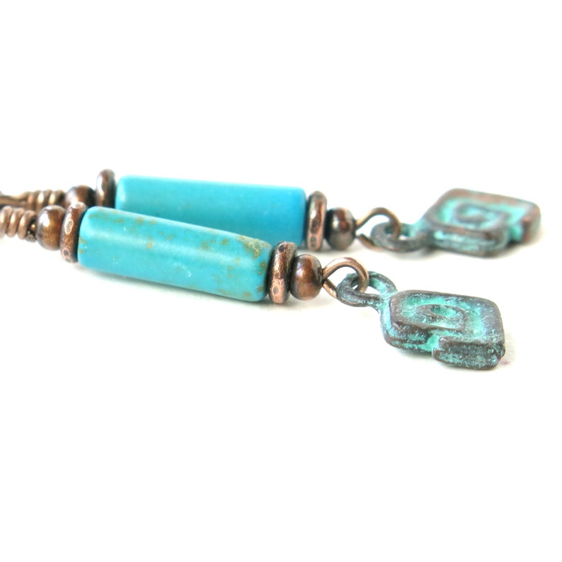 Turquoise & copper earrings / turquoise dangle earrings / verdigris Greek Meandros charm / copper dangle earrings / boho jewelry immagine 6