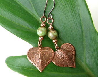 Copper Leaf Dangle Earrings: Green Picasso Glass Boho Jewelry