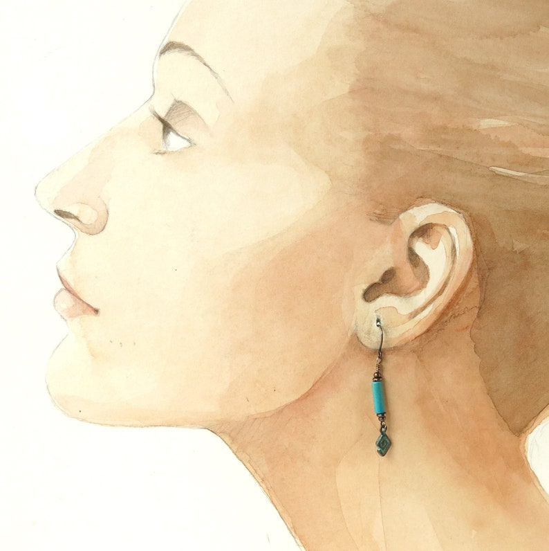 Turquoise & copper earrings / turquoise dangle earrings / verdigris Greek Meandros charm / copper dangle earrings / boho jewelry immagine 3