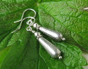 Rustic silver dangle earrings / aged mercury glass teardrop & sterling silver beads
