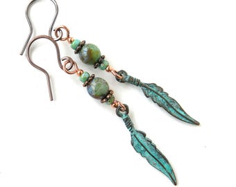 Verdigris Feather Dangle Earrings: Oxidized Copper & Picasso Glass