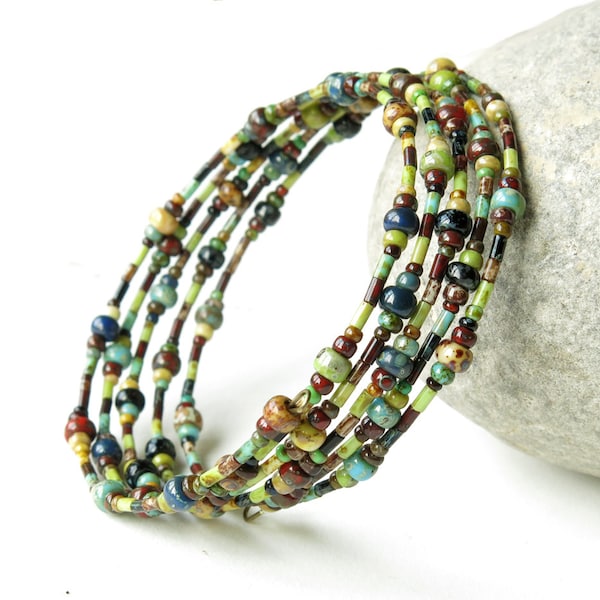 Beaded bracelet stack - Multicolor Picasso Czech glass beads stacked memory wire cuff