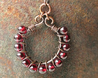 January birthstone earrings, Garnet Hoops, Copper Wire Wrapped, January Birthday gift