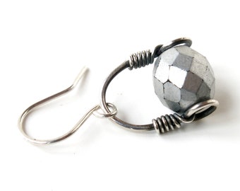 Oxidized Sterling Silver Earrings: Wire Wrapped Faceted Glass Bead