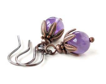 Purple amethyst earrings / February birthstone jewelry / copper drop  earrings / gemstone earrings