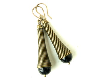 Long black dangle earrings / onyx earrings / black gemstone earrings / tribal jewelry