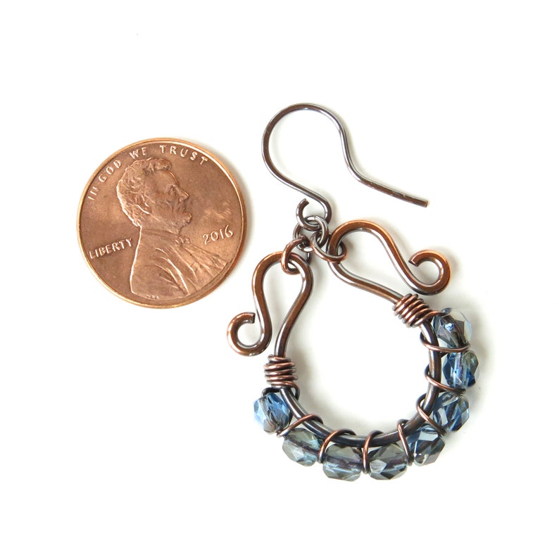Blue beaded earrings copper wire wrapped sparkling faceted Czech glass bead hoops