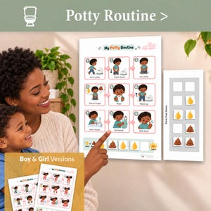 May include: A white educational potty training chart titled My Potty Routine with nine numbered steps illustrated with cartoon figures, accompanied by a separate token board featuring yellow droplet and brown poop icons for tracking progress.