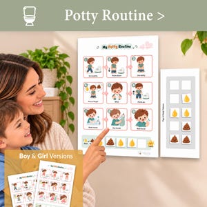 Puede incluir: Un gráfico educativo blanco de entrenamiento para ir al baño titulado My Potty Routine con nueve pasos ilustrados que muestran a un niño usando el inodoro, lavándose y secándose las manos. Incluye un tablero vertical con fichas extraíbles.