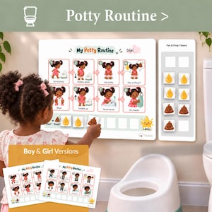 Puede incluir: Una tabla magnética blanca de entrenamiento para ir al baño titulada My Potty Routine con ocho pasos ilustrados que muestran a un niño usando el inodoro, lavándose y secándose las manos. Incluye un tablero de fichas con iconos de gotas y heces.