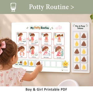 May include: A white rectangular potty training chart titled My Potty Routine with eight illustrated steps and a section for Pee & Poop Tokens. The chart includes a star graphic labeled I did it and a separate vertical board for storing tokens.