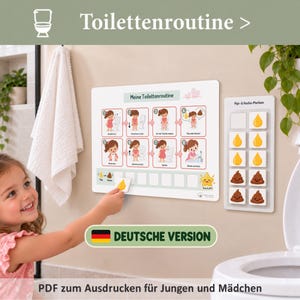 May include: A white rectangular wall chart titled Meine Toilettenroutine with eight illustrated steps for bathroom habits, accompanied by a smaller board featuring yellow drop and brown swirl icons for tracking progress.