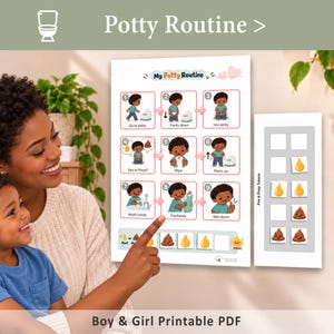 May include: A white educational wall chart titled My Potty Routine featuring nine numbered steps with illustrations of a child using the toilet, accompanied by a separate vertical board with removable pee and poop tokens.