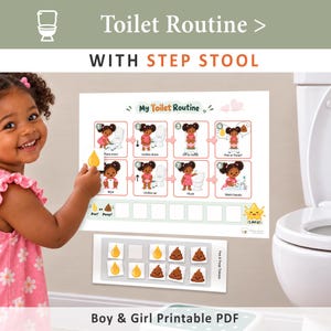 May include: A printable toilet routine chart featuring eight illustrated steps for children, including icons for placing a stool, undressing, sitting, using the toilet, wiping, dressing, flushing, and washing hands, with matching reward stickers.