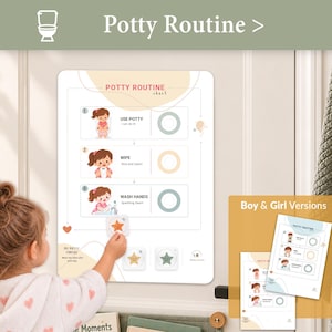 Op de afbeelding: Een rechthoekige potjesroutinekaart met drie stappen: potje gebruiken, afvegen en handen wassen. De kaart bevat illustraties van een kind, tekstlabels en cirkelvormige ruimtes voor ster-tokens en een sectie voor mijn potje-tokens.