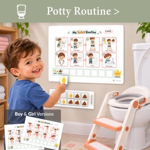May include: A white rectangular potty training chart titled My Toilet Routine with eight illustrated steps, a row of empty boxes for reward tokens, and a separate sheet of yellow water drop and brown poop icons for tracking progress.