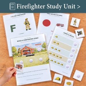 May include: A Firefighter Study Unit educational set featuring multiple laminated activity sheets and small square cards. The pages include tasks like F is for Firefighter, Find the Red Pictures, Build a Firefighter Story, and Count and Match.