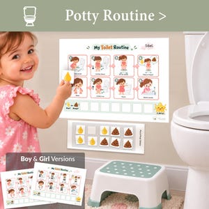 May include: A My Toilet Routine chart featuring eight illustrated steps for potty training, including numbered icons and a section for pee or poop tokens. The set includes a separate sheet of yellow drop and brown swirl tokens, plus a small step stool.