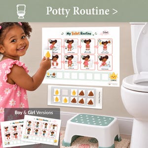 Op de afbeelding: Een My Toilet Routine-kaart met acht genummerde stappen met illustraties van een kind op het toilet, vergezeld van een vel met verwijderbare plas- en poepfiches, en een wit opstapje met groene stippen bij een wit toilet.
