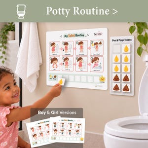 May include: A white wall-mounted potty training chart titled My Toilet Routine with eight illustrated steps and a separate board for Pee & Poop Tokens. The chart includes a reward section and a star icon labelled I did it. Two additional chart versions are shown.