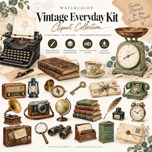 May include: A digital clipart collection titled Vintage Everyday Kit featuring watercolor illustrations of a typewriter, antique scale, books, glasses, telephone, camera, globe, clock, inkwell, quill, letters, and various vintage objects.