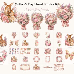 Pode incluir: Kit de construção floral para o Dia das Mães, coleção de clipart em aquarela com 100 arquivos PNG, 4 famílias de paletas e 25 tipos de elementos. Inclui ilustrações de cervos, buquês, borboletas, guirlandas e laços em tons de rosa e verde.