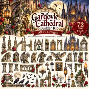 Op de afbeelding: Een digitale collectie genaamd Gargoyle Cathedral Builder Kit met 72 PNG-bestanden van gotische architecturale elementen, stenen waterspuwers, versierde lantaarns, rode rozen, zwarte raven, kandelaars en sleutels in aquarel-stijl.