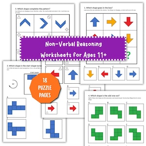 May include: A collection of non-verbal reasoning worksheets for ages 11+ featuring 18 puzzle pages. The documents contain grids with colorful arrows, geometric shapes, and logic problems asking to identify patterns, rotations, and odd shapes.