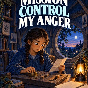 May include: A book cover titled Big Feelings Activity Lab Book 7 Mission Control My Anger Ages 8 to 12. The illustration features a person with braided hair in a blue sweater sitting at a wooden desk with a control panel, a lantern, and a notebook.