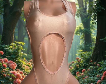 Può includere: Un body senza maniche in oro rosa metallizzato con un'ampia apertura ovale al centro del busto. Lo scollo, gli scalfi manica e il bordo dell'apertura centrale sono decorati con piccoli borchie color argento distanziate uniformemente.